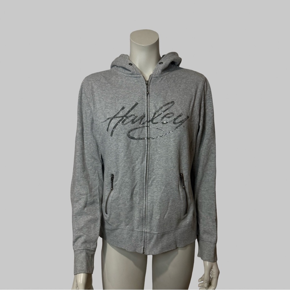 Harley-Davidson Womens Zip Up Hoodie Light Gray Rhinestones Embellished Large